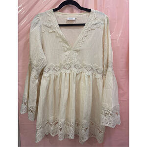 Women's Blue Ivy Lace Trim Boho Long Sleeve Tunic Top